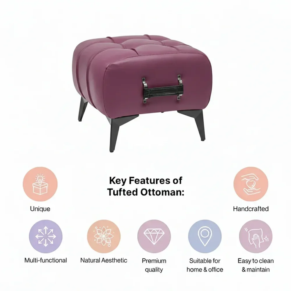 Modern Vintage Wine Leather Tufted Ottoman with Black Handle - Image 6