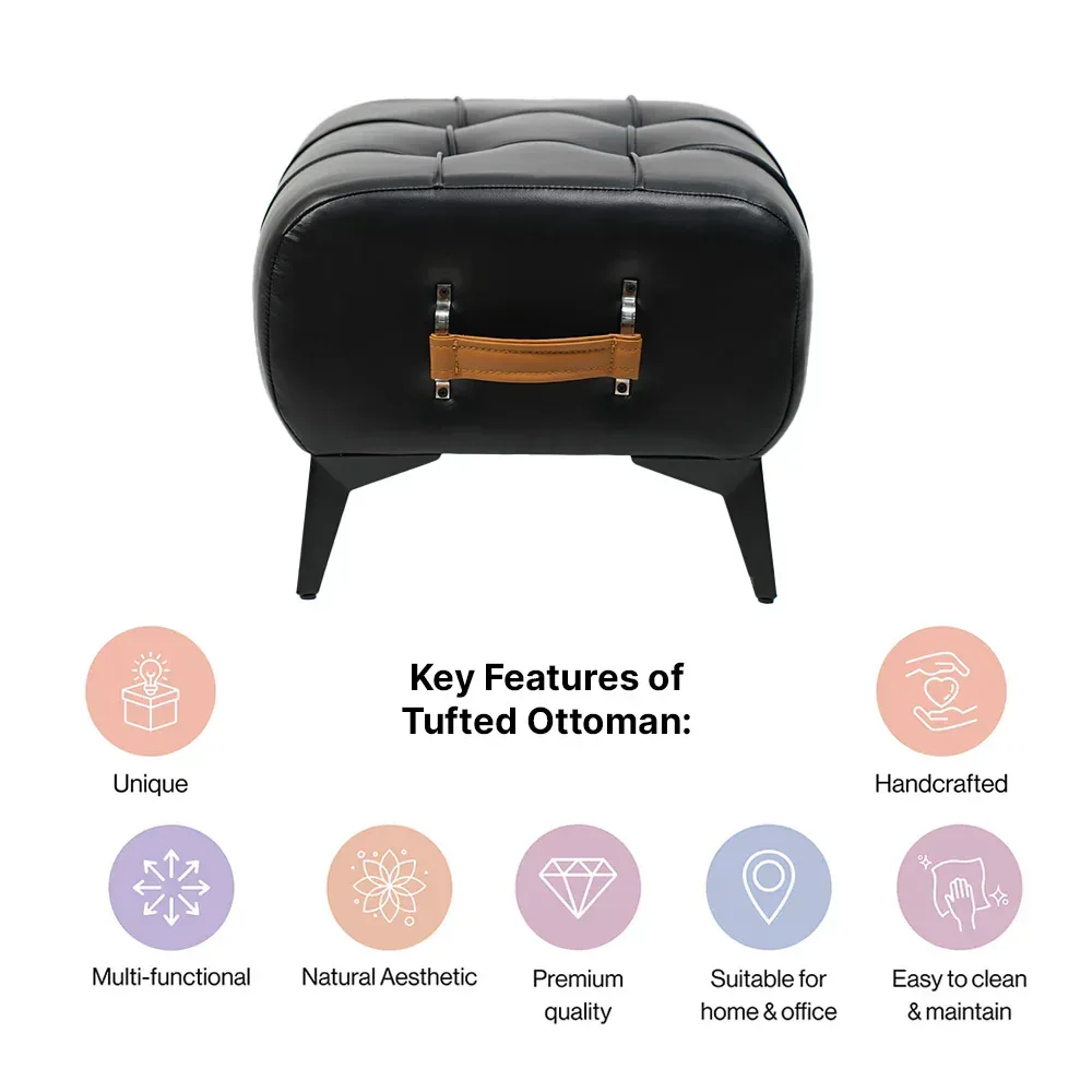Modern Black Leather Tufted Ottoman with Golden Handle - Image 6