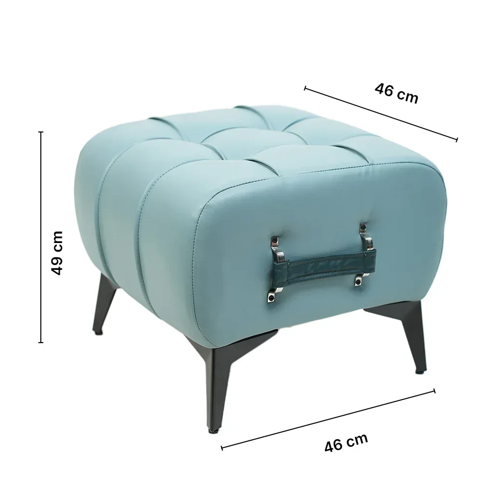 Modern Sky Blue Leather Tufted Ottoman with Dark Blue Handle - Image 6