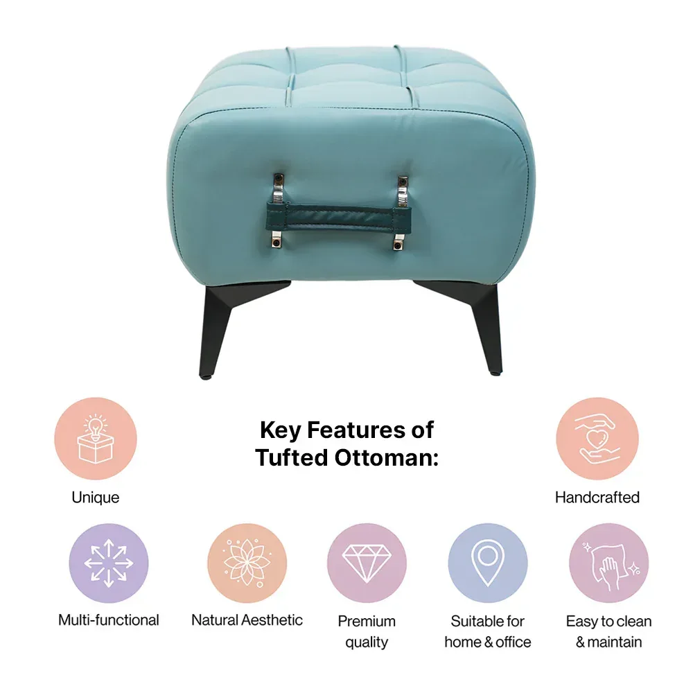 Modern Sky Blue Leather Tufted Ottoman with Dark Blue Handle - Image 2