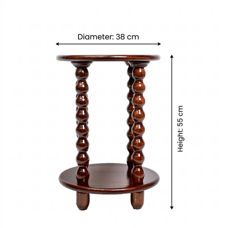 Round Wooden Side Table with Storage and Beaded Legs in Walnut Brown for Living Room Decor - Image 6
