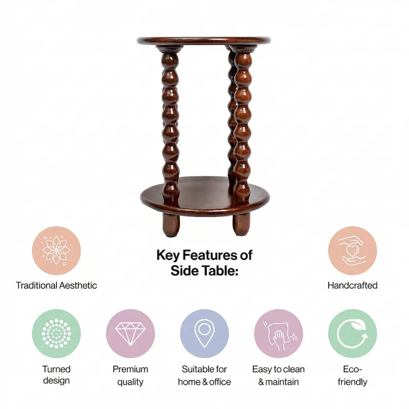 Round Wooden Side Table with Storage and Beaded Legs in Walnut Brown for Living Room Decor - Image 7