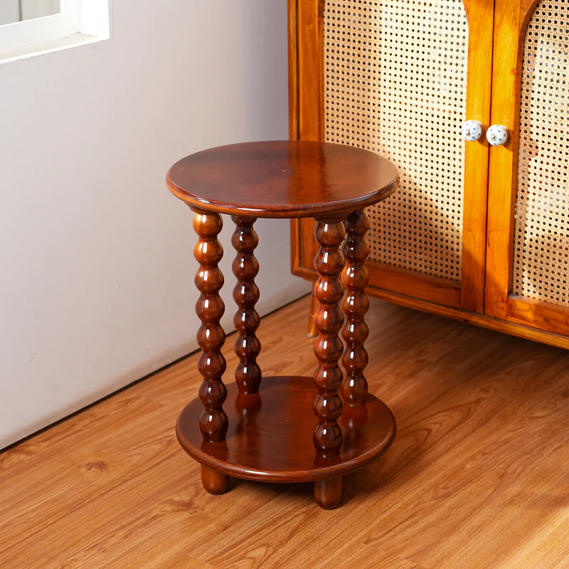 Round Wooden Side Table with Storage and Beaded Legs in Walnut Brown for Living Room Decor - Image 3