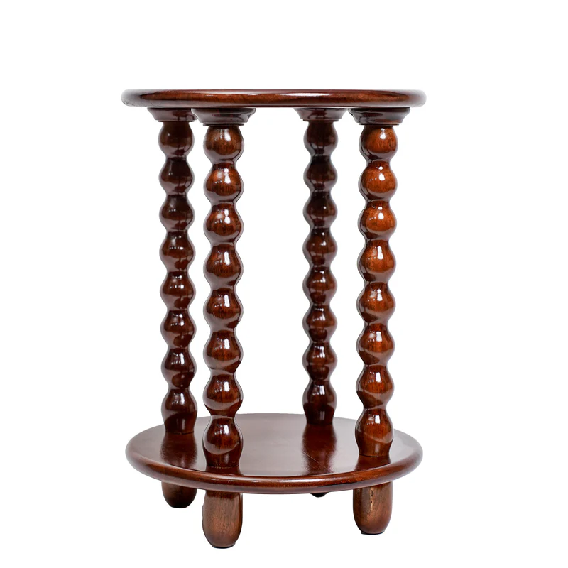 Round Wooden Side Table with Storage and Beaded Legs in Walnut Brown for Living Room Decor - Image 4