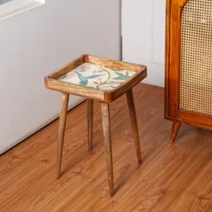 Square Wooden Bedside Table in Birdfloral Print for Living Room