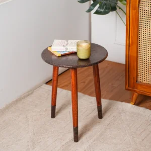 Round Wooden Side Table in Leaf Copper Pattern for Living Room and Bedroom
