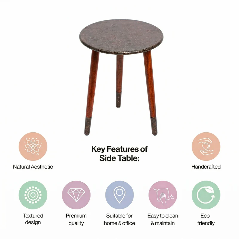 Round Wooden Side Table in Leaf Copper Pattern for Living Room and Bedroom - Image 7