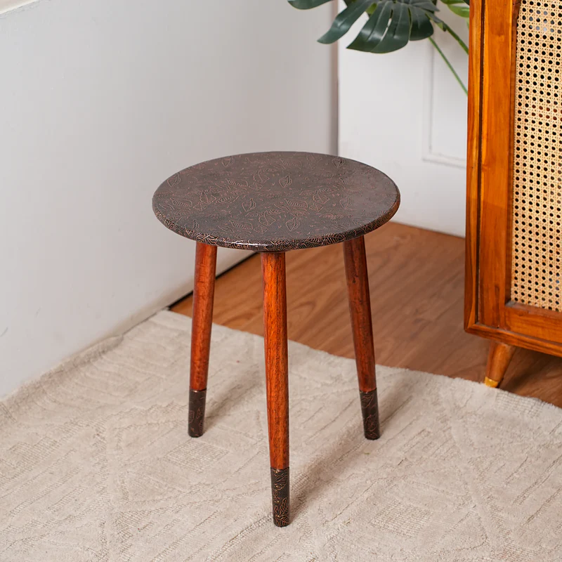Round Wooden Side Table in Leaf Copper Pattern for Living Room and Bedroom - Image 2