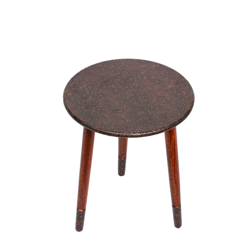 Round Wooden Side Table in Leaf Copper Pattern for Living Room and Bedroom - Image 3