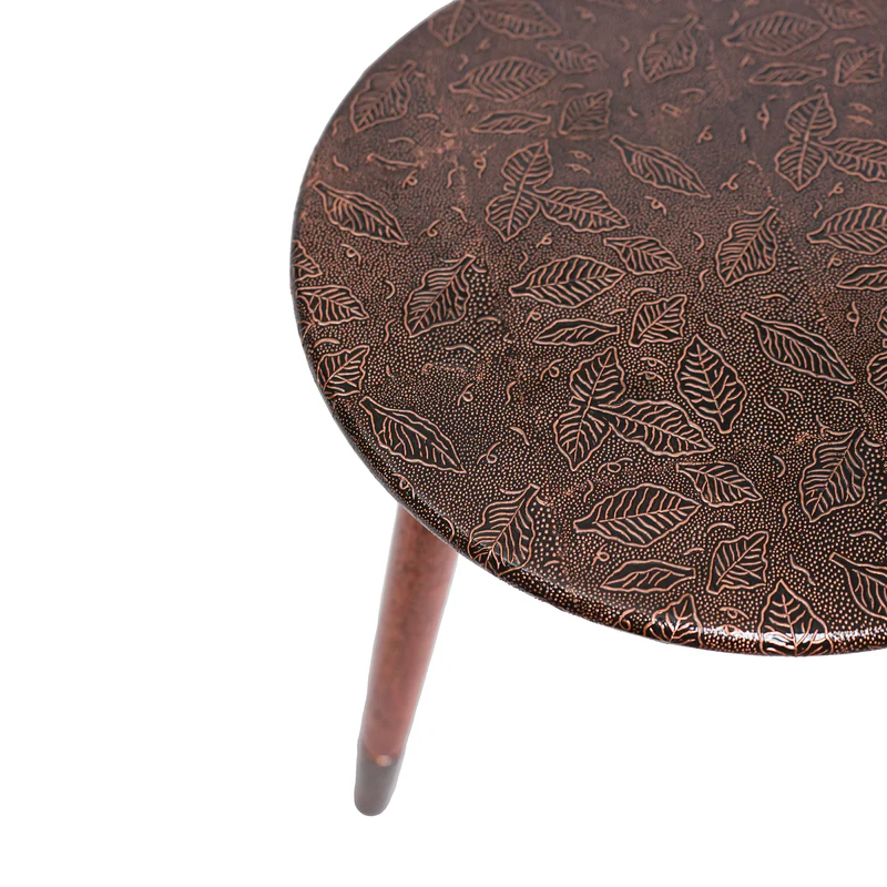 Round Wooden Side Table in Leaf Copper Pattern for Living Room and Bedroom - Image 4