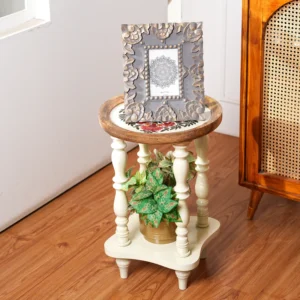 Round Wooden Side Table with Storage in Floral Printed for Living Room & Bedroom