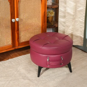 Modern Tufted Round Ottoman Stool in Vintage Wine – Designer Footrest for Living Room