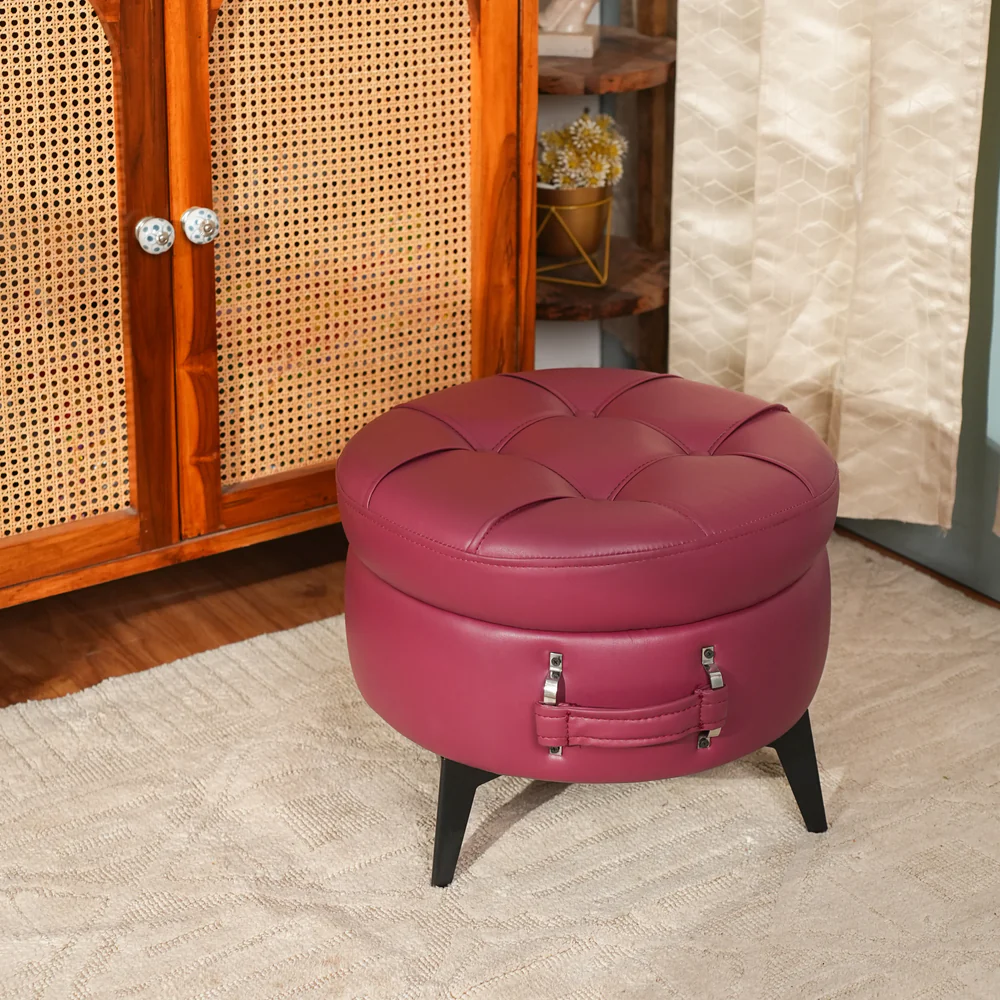 Modern Tufted Round Ottoman Stool in Vintage Wine – Designer Footrest for Living Room