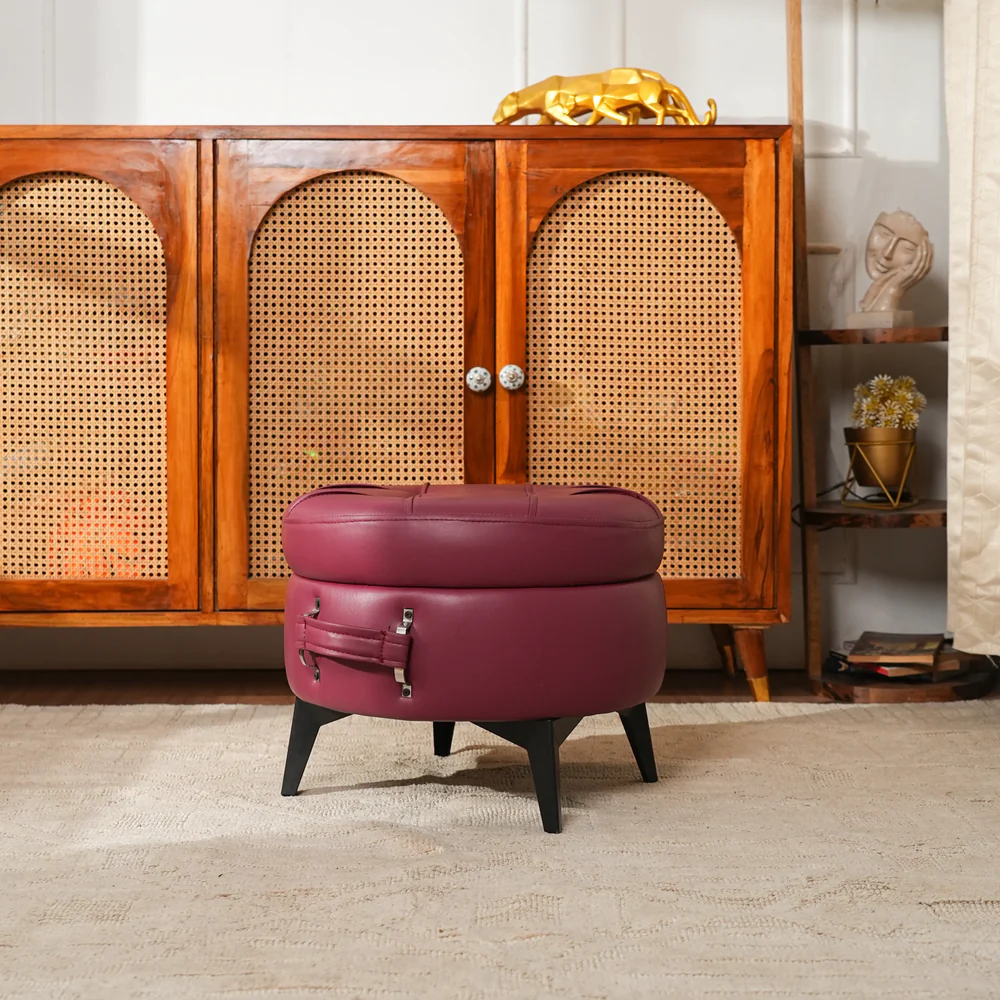 Modern Tufted Round Ottoman Stool in Vintage Wine – Designer Footrest for Living Room - Image 4