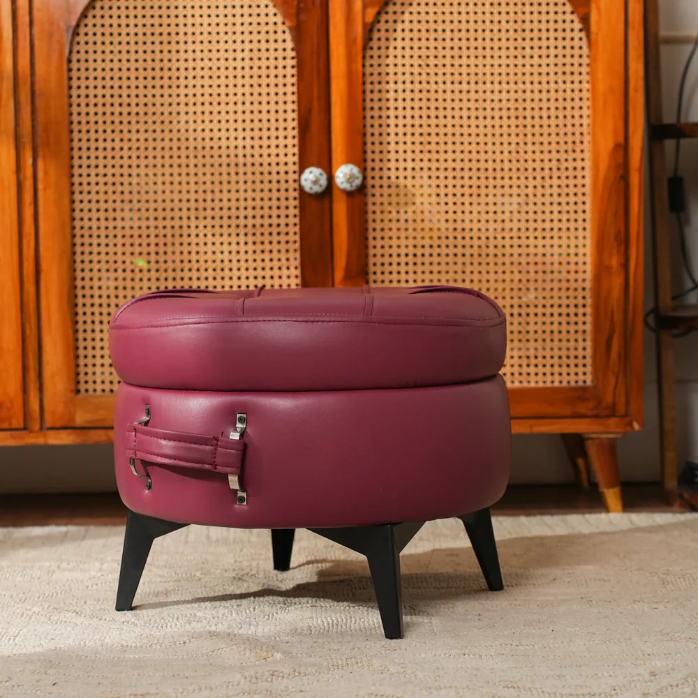 Modern Tufted Round Ottoman Stool in Vintage Wine – Designer Footrest for Living Room - Image 2