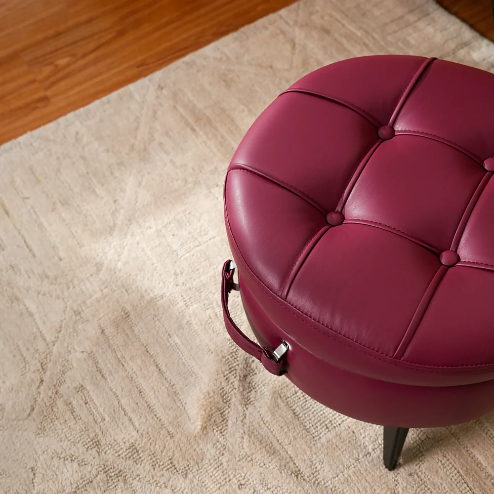 Modern Tufted Round Ottoman Stool in Vintage Wine – Designer Footrest for Living Room - Image 3