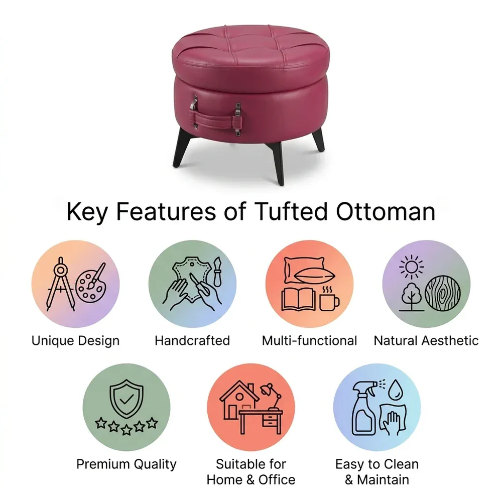 Modern Tufted Round Ottoman Stool in Vintage Wine – Designer Footrest for Living Room - Image 6